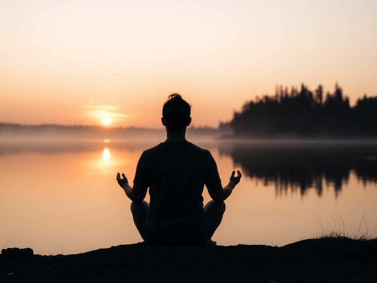 Meditoiva henkilö järven rannalla auringonnousussa